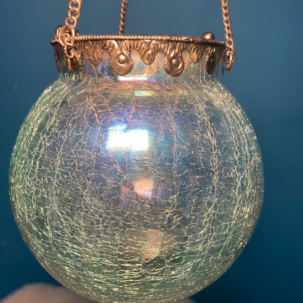Hanging Lantern Irridescent Blue (green) crake Glass Moroccan Style - Picture 7 of 10